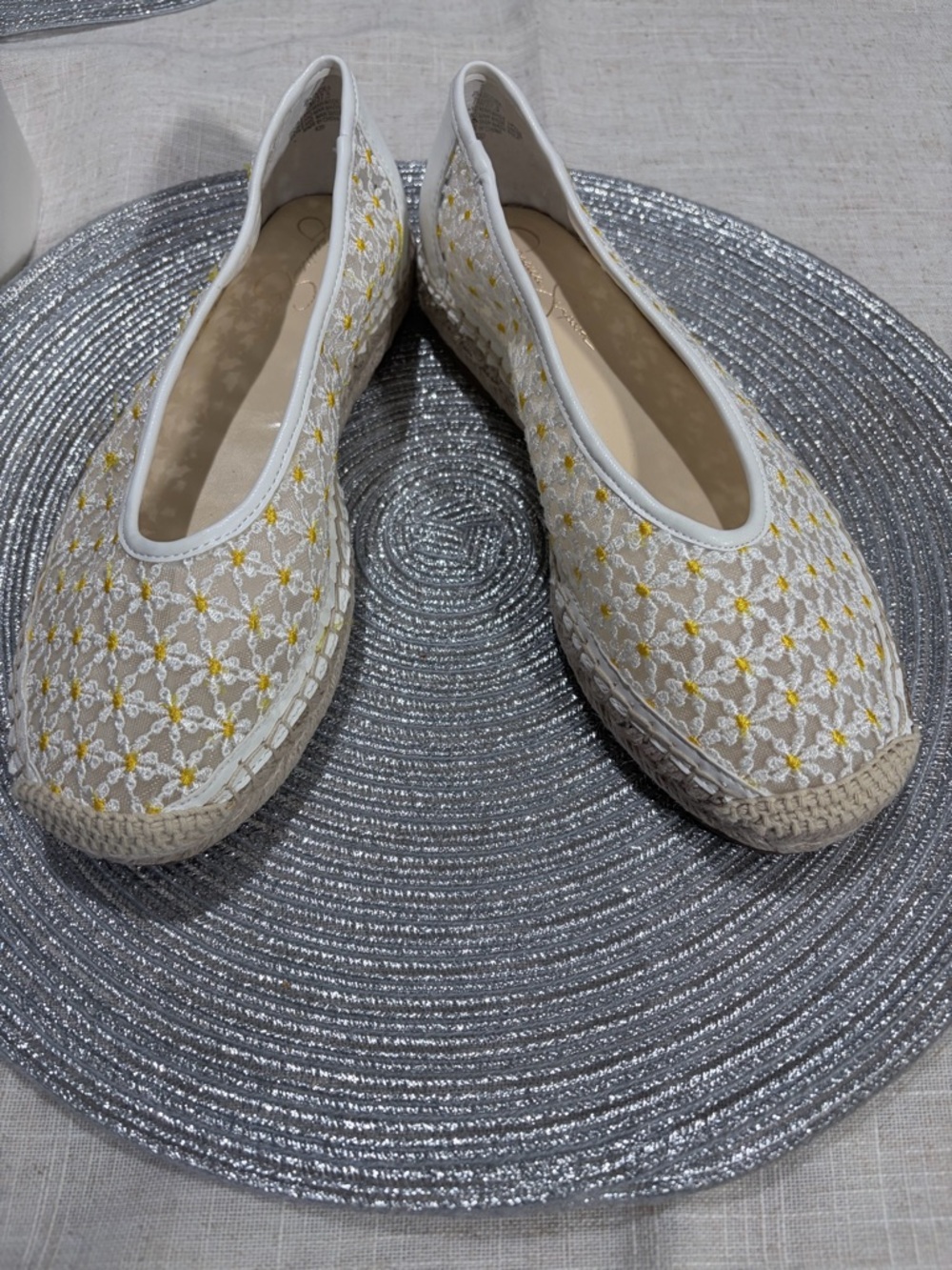 Jessica Simpson White Embroidered Espadrille Flats with Yellow Detail